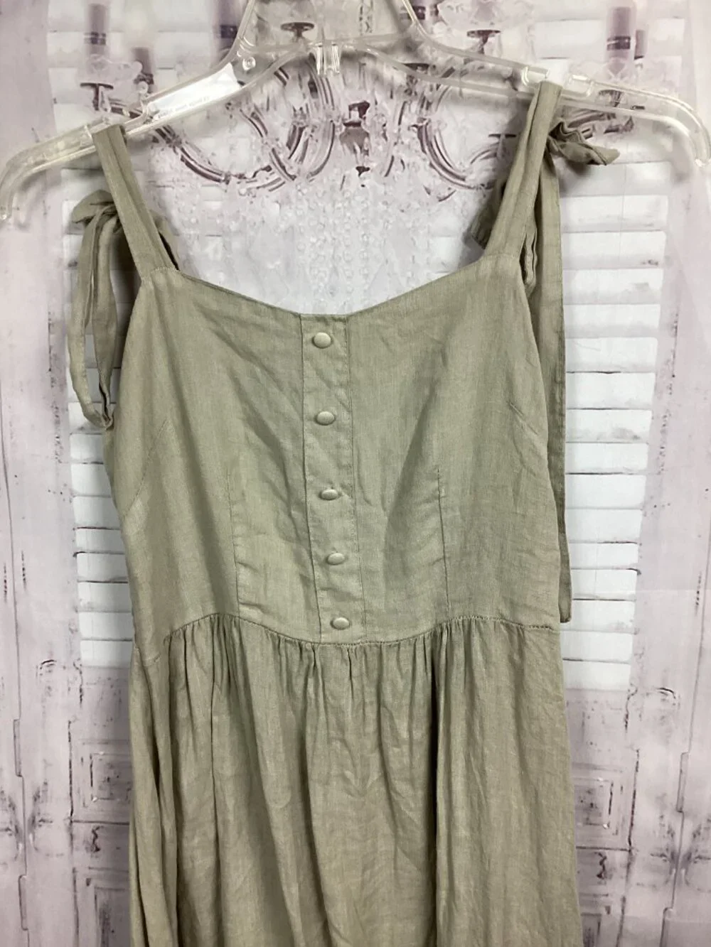 Francesca Bettini Linen Dress Khaki Midi Tied Straps S - Picture 2 of 9